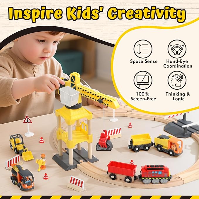 Lehoo Castle Wooden Train Set, Construction Toys Train Set for Toddlers 2-4, Wooden Train Track for Kids w/Crane, Railway Playset Toys for 3 Year Old Boys Girls