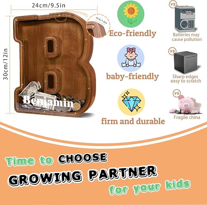 Wooden Letter Piggy Bank for Kids Larger Letter Piggy Bank for Boys and Girls Personalized Piggy Bank Initial Coin Bank Wood Kids Money Bank for Birthday and Festival