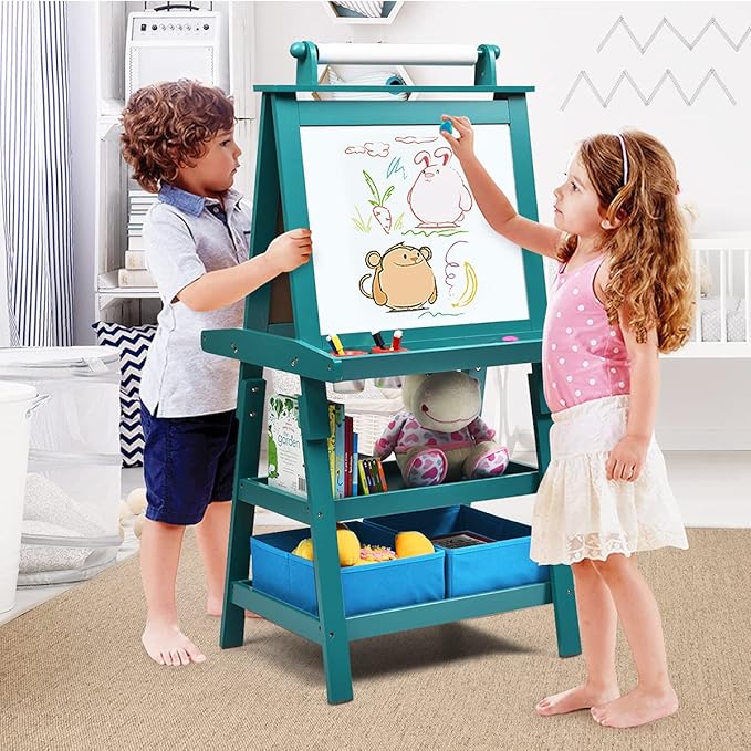 Costzon Kids Art Easel, 3 in 1 Double-Sided Wooden Easel w/Magnetic Whiteboard, Chalkboard & Paper Roll, 2-Tier Rack w/ 2 Storage Boxes, Standing Easel for Kids, Toddlers, Boys, Girls (Blue)