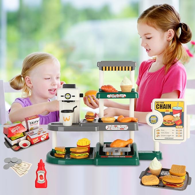Pretend Play Food Toy for Kids Kitchen with Cash Register, Coffee Maker, 71 Pcs Fast Food Set with Burger, Fries, Ice Cream, Play Money, Educational Birthday Gift for Boys Girls Ages 3-8 (Green)