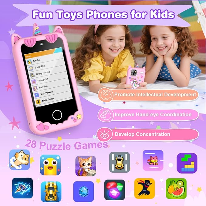 Kids Smart Phone for Girls Christmas Birthday Gifts for Girls Age 3 4 5 6 7 8 9 10 Kids Toys Smart Cell Phone 2.8" Touchscreen Built-in 32G SD Card Dual Camera 28 Toddler Learning Games Music Player