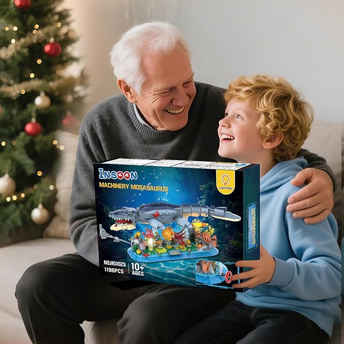 Mosasaurus Building Set with LED Light, 1219 PCS Movable Ocean Animal Building Block Toy with Nautiluses Jellyfish Squid Coral Reef, Ancient Reptile Home Decor Gift for Adults Teens Boys 12+