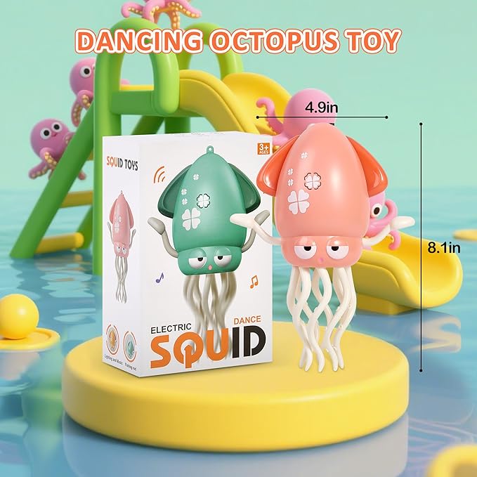 Dancing Octopus Toy with LED Lights and Music, Fishing Rod, Automatic Avoidance, Crawling, Tummy Time Toy, Suitable for Children 3 Years and Older, Birthday Gift (Pink)