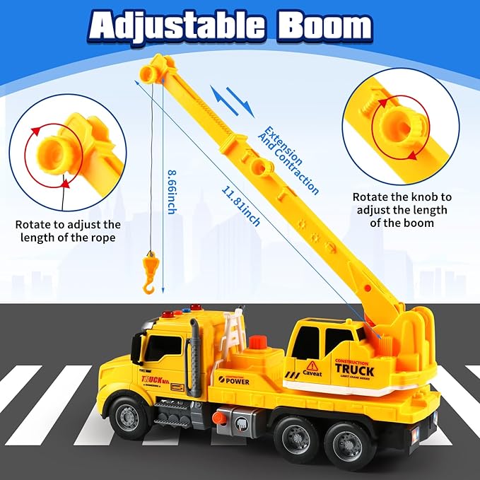 Crane Truck Toy for Kids Ages 3-7, Kids Toys Friction Powered Construction Vehicle with Extendable Arm, Rotating Crane, Lights and Sounds Birthday Gifts for Boys Girls