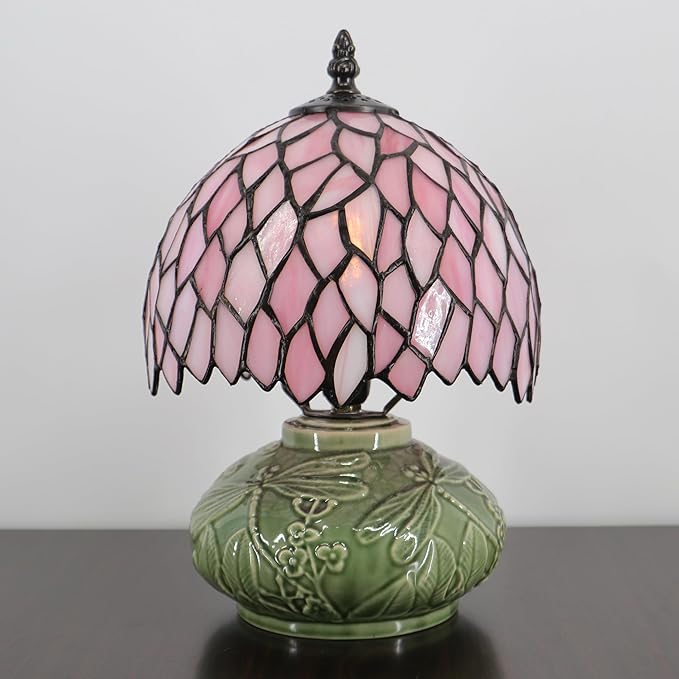 Small Tiffany Lamp Mushroom Table Lamp, Mini Stained Glass Desk Light Memory Sympathy Ceramic lamp 8X11 Inch (Pink Wisteria)