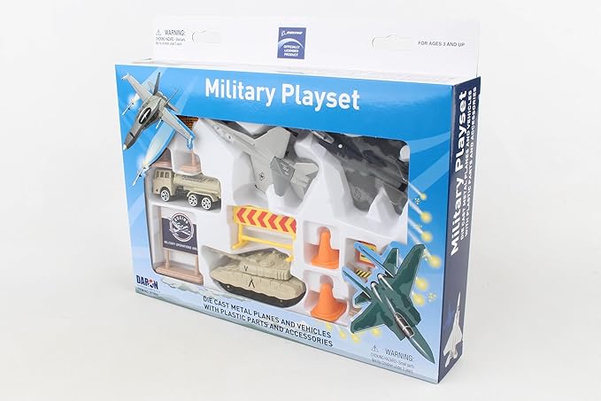 Daron Boeing Military 12-Piece Playset with Die-Cast Metal Model Airplane with Plastic Parts, Vehicles, and Military Accessories for Kids Ages 3+