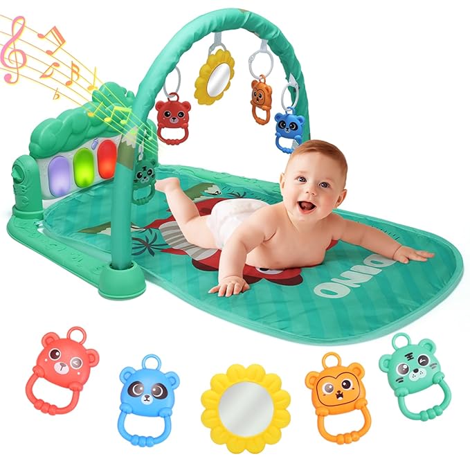 Baby Gyms Play Mat, Infant Toy Play Mat Activity Center, Baby Play Piano Mats with Music and Lights, Activity Padded for Babies Newborns and Toddlers Boys and Girls 0-12 Months, Green