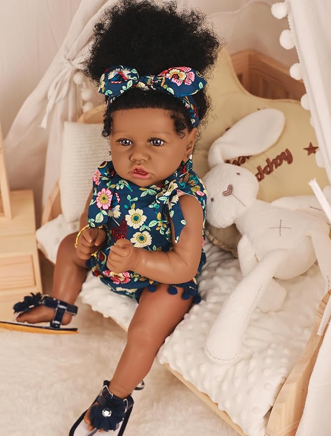 HOOMAI Reborn Baby Black Dolls African American Lifelike Silicone Doll Realistic 22.8 Inch with Cloth Body Birthday Gift Set for Ages 3+