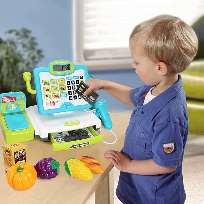 FS Pretend Play Cash Register Toys with Scanner, Calculator, Large Drawer, Microphone, Play Food, Supermarket Cashier Register Toy, Pre-School Gift for Kids, Toddlers, Boys & Girls, Ages 3 4 5 6 7 8