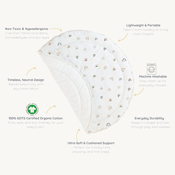 MakeMake Organics Organic Play Mat GOTS Certified Organic Cotton Nursery Floor Rug Washable Reversible Non Toxic Activity Mat Tummy Time Crawling Pad Thick Quilted (Round 48", Rainbow, White)