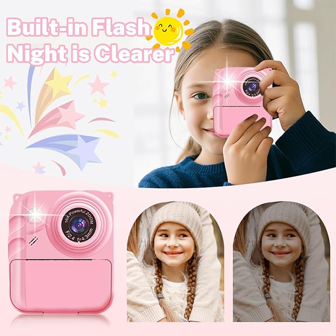 Instant Print Camera for Kids, 1080P Video Camera with 3 Print Rolls, 32GB Card & Cute Cover, Gift for Girls Boys Age 3-12, Toddler Digital Camera with Games, Filters, Music – Pink