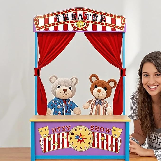 Wooden Puppet Theater, Puppet Theater with Curtains for Tabletop Drama Performance, Role-Playing,Great for Shows, Events, Education and Pretend Play, Portable