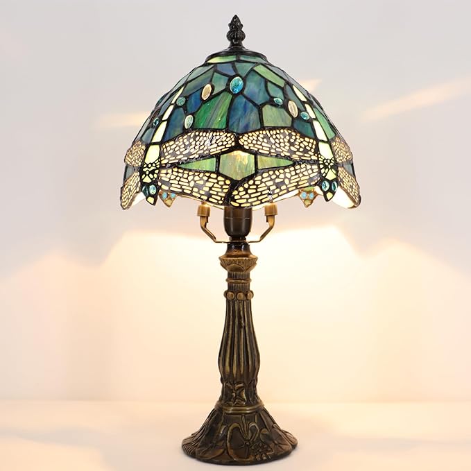 Small Tiffany Lamp Mini Accent Table Lamp Stained Glass Desk Memory Lamp Sympathy 8X14.5 Inch (Sea Blue Dragonfly Style)