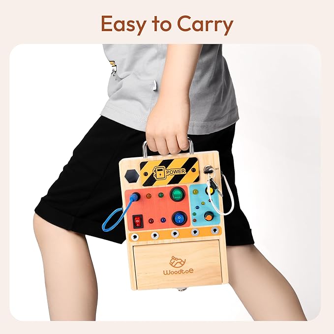 Woodtoe 3-in-1 Busy Board with LED Light Switch, Montessori Toys for 3 4 5 Year Old, Montessori Screwdriver Board Set, Lock and Key Toy, Preschool Learning Sensory, Fine Motor STEM Toys for Toddlers
