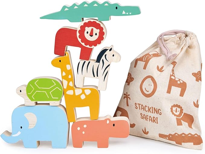 Mentari Toys - Happy Stacking Safari - 7pc Wooden Stacking Toy for Toddlers - Colorful Safari Balancing Activity Toy with Bag - Boost Fine Motor Skills and Dexterity - Educational Toy - Age 18m+