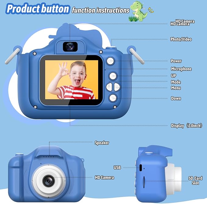 Dwfit Upgrade Selfie Kids Camera, Christmas Birthday Gifts for Boys Girls Age 3-12, HD Kids Digital Video Cameras for Toddler with Cartoon Soft Silicone Cover, Portable Toy for 3 4 5 6 7 8 Years Old