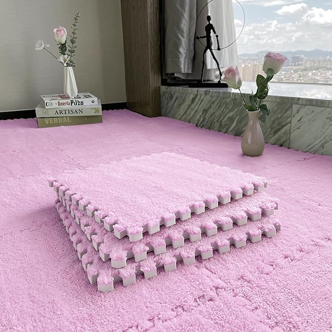 16pcs 0.6" Thickened Interlocking Tile Mats,Fluffy Shaggy Soft EVA Foam Area Rug for Living Room & Bedroom,Non-Slip Protective Floor Carpet Play Mat Kids Baby Dorm Home Decor (11.8ft, Pink)