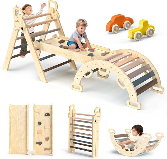 BlueWood Pikler Triangle Set 7in1 Foldable Baby Climbing Toys Wooden Montessori Climbing Set with Arch&Ramp&Ladder Baby Climber Indoor Jungle Gyms for Toddlers Montessori Toys - Mauve Pink