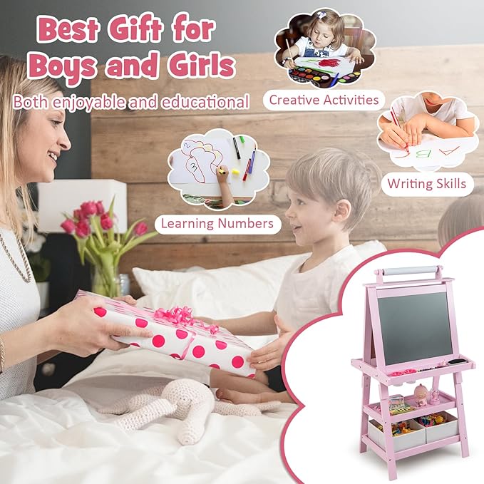 Costzon Kids Art Easel, 3 in 1 Double-Sided Painting Easel w/Magnetic Whiteboard, Chalkboard & Paper Roll, 2-Tier Storage Rack & 2 Boxes, Standing Easel for Kids, Toddlers, Gift for Boys, Girls