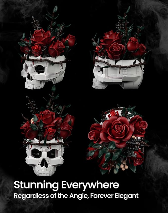iATOM Halloween Skull Rose Bouquet Building Set, Flowers Botanical Collection Kit for Adults - Gothic Horror Skeleton Plant Pot Home Table Centerpiece Decor - Halloween, IA11008