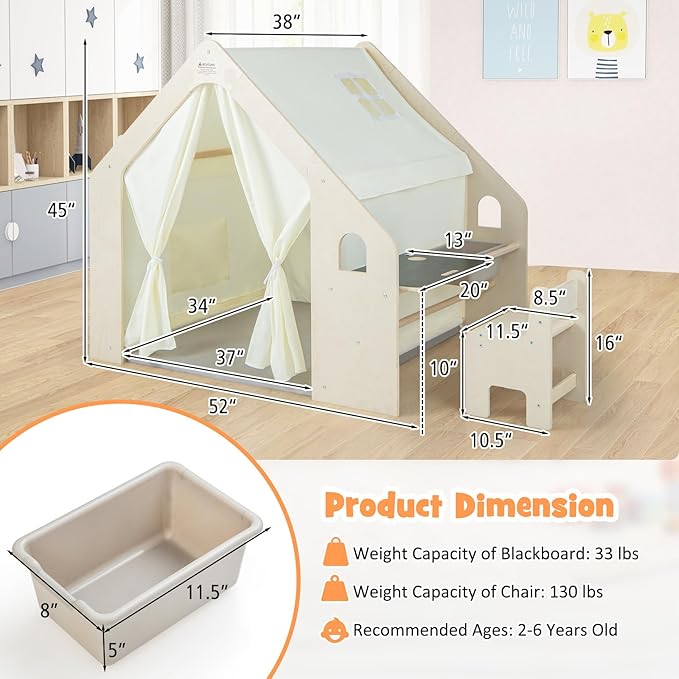 Costzon Kids Tent, 6-in-1 Wooden Frame Play House with Table and Chair Set, Blackboard, Side Storage Bag & Soft Floor Mat, Indoor Playhouse for Boys Girls Aged 2-6 Years Old
