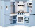 Best Choice Products Pretend Play Corner Kitchen, Ultimate Interactive Wooden Kids Playset w/Lights & Sounds, Ice Maker, Hood - Coastal Blue