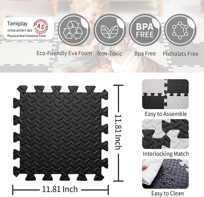 36 Tiles Foam Play Mat for Baby, 0.4 Inch Thick Foam Interlocking Floor Mats, Soft Non-Toxic Baby Playmat, Solid Colored Puzzle Play Mat Kids Floor Mats for Toddler(White/Black)