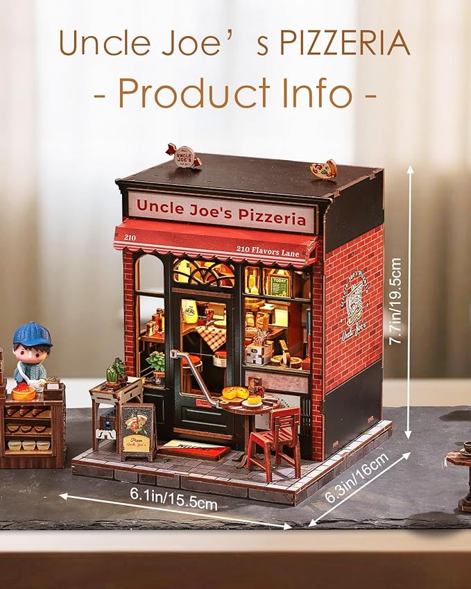 Cutefun Book Nook Kit - DIY Miniature Dollhouse Kit for Adults and Teens, Pizza Place Mini House Building Kit with LED Bookshelf Insert Decor Creative Gifts (Uncle Joe's Pizzeria)
