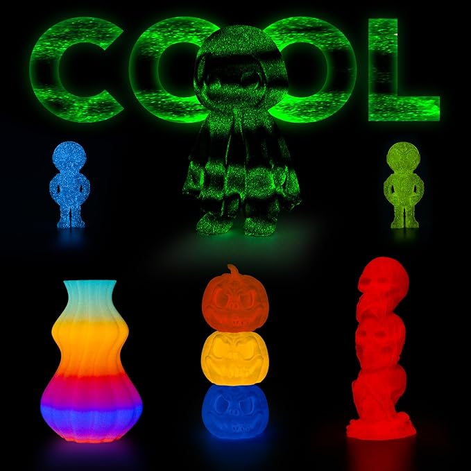 AMOLEN PLA 3D Printer Filament 1.75mm, Glow in the Dark Shiny Multicolor Black Green Filament, Fast Color Change Filament for 3D Printer, Best with UV Lamp, 1kg Spool, Dimensional Accuracy +/- 0.02 mm