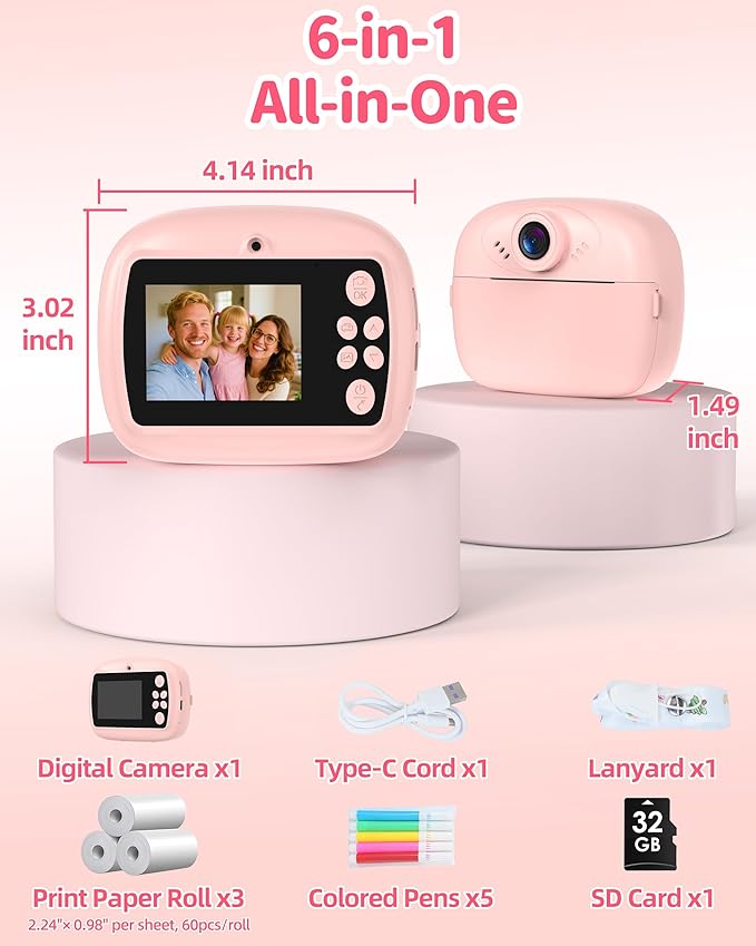 Kids Instant Print Camera,1080P Video Instant Digital Camera for Kids, Christmas Birthday Gift for Girls and Boys Age 3 4 5 6 7 8 9 10, Toy Camera with 32GB SD Card,Christmas Stocking Stuffers, Pink