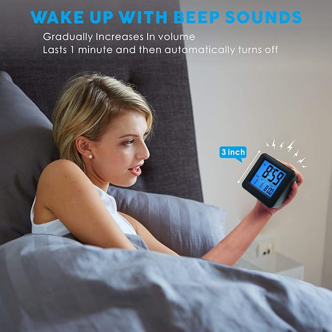 Plumeet Digital Alarm Clock Kids Alarm Clock with Snooze and Nightlight - Easy Setting Silicone Clock Display Time, Date - Loud Alarm Clock for Bedroom - Battery Powered (Black)