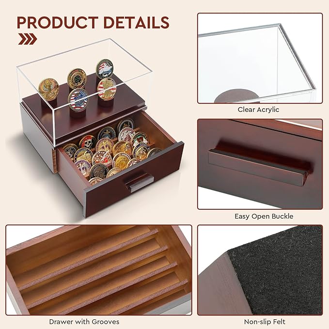Challenge Coin Display Case, Military Coin Collection Holder with Wooden Coin Box, Drawers, and Clear Acrylic Lid – Gifts for Coins Collectors (5 Pillars)