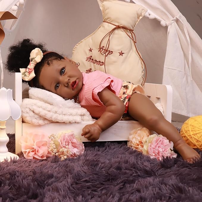 HOOMAI Lifelike Reborn Baby Dolls with Soft Body African American Realistic Girl Doll 22.8 Inch Best Birthday Gift Set
