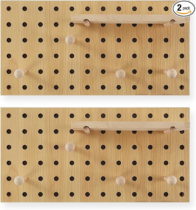 Beige Wood Pegboard Modular Display Wooden Pegboard Combination Wall Organizer Storage Wall Hooks Shelf for Home, Office, Bathroom, Comes with 2 Pieces Pegboards