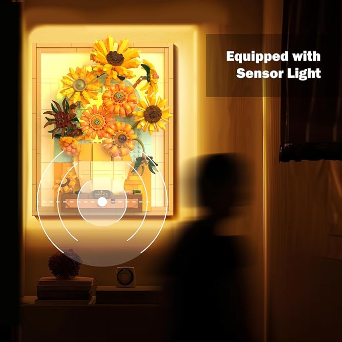NUTCRACKER Sunflower Flower Building Set with Sensor Light, 3D Sunflower Van Gogh Painting Frame Wall Art Crafts for Home Office Decor, Easter Birthday Gift for Adult Girls 14+ (1166 Pieces)