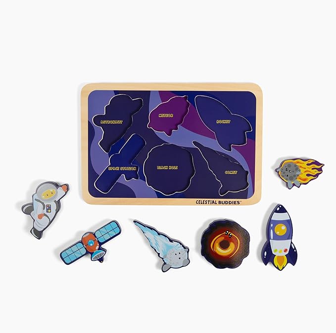 Celestial Buddies Journey into Space – Chunky Wooden Toddler Puzzle, 12x8 Inch – Educational Space Puzzle for Early Science & Astronomy Exploration - STEM Learning