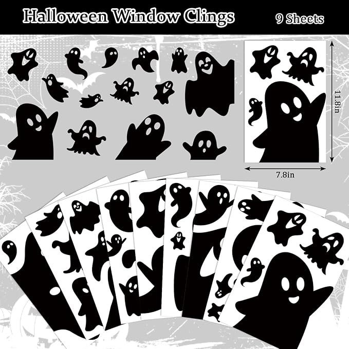 Whaline 9 Sheets Halloween Window Clings Black Ghost Silhouette Reusable Window Decals for Spooky Holiday Haunted House Home School Office Glass Decor