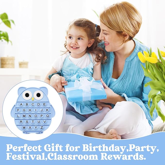 Fidget Toys for Kids, Owl Shaped Silicone Squeeze Sensory Toys, Alphabet Bubble Stress Anxiety Relief Relax Tools for Kids Adults School Classroom Gift Party Favors (Blue)
