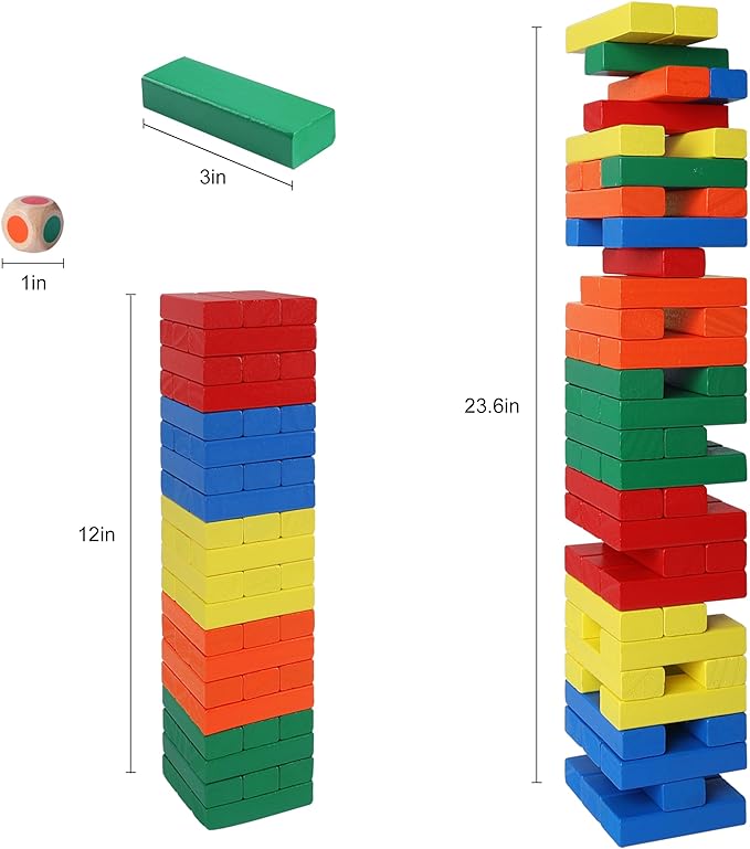 GOTHINK Wooden Blocks Stacking Game with Storage Box, 60PCS Toppling Colorful Tower Building Blocks Balancing Puzzles Montessori Toys Learning Sorting Family Games Educational Toys Gifts for Kids