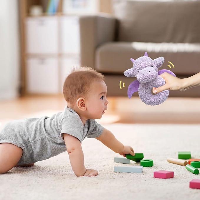Baby Dragon Soft Rattle Toy, Plush Dinosaur Infant Shaker Rattle Easy-Grasp Stuffed Animal Toy, Gifts for Newborns Babies Toddlers Boys Girls, Purple, 6 Inches