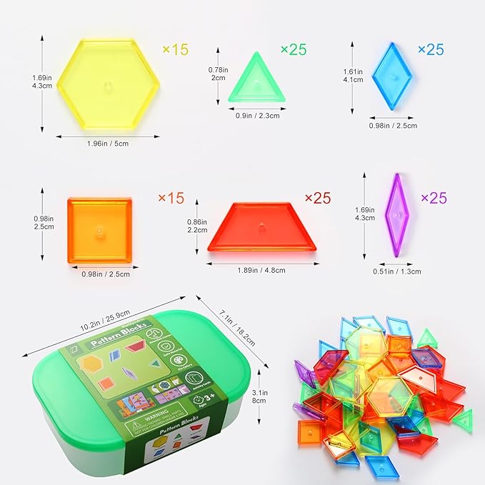 188 Pcs Translucent Plastic Pattern Blocks Set, Light Table Manipulative for Shape Recognition, Fun Geometric Shapes Tangram Puzzle with Storage Box