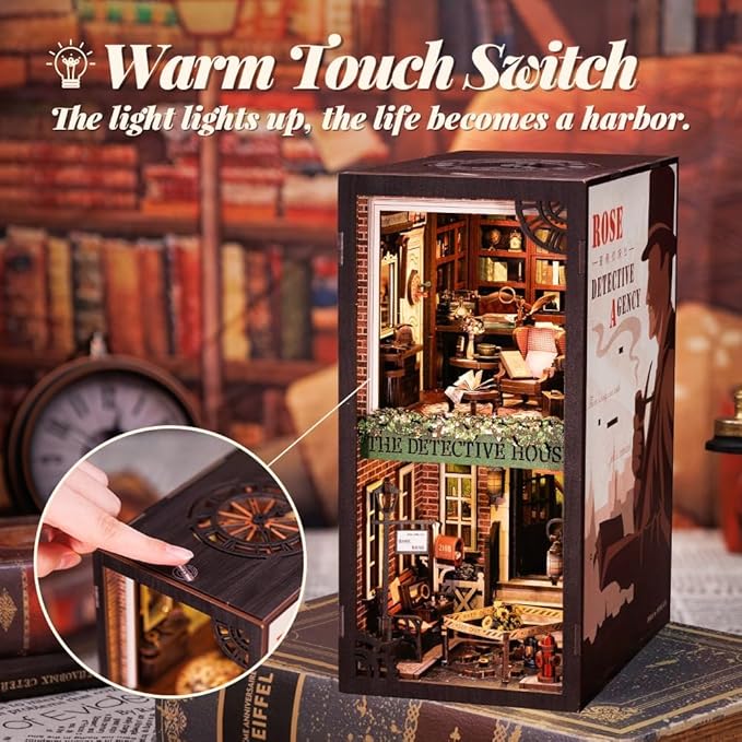 Fsolis Book Nook Kit, DIY Miniature Room House Kit 3D Wooden Puzzle for Adult Decorative Bookend Bookshelf Bookcase Nook Decor Gifts for Women Teens and Book Lovers(Rose Detective Agency)
