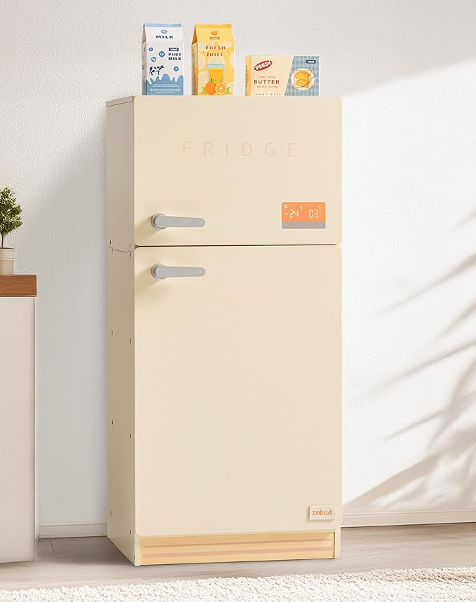 ROBOTIME Play Kitchen Toy Fridge - Wooden Toy Refrigerator with Accessories, Pretend Play Kitchen Set for Kids & Toddlers, Freezer with Play Food for Ages 3+ (Creamy Rustic Style)