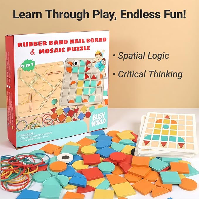 2-in-1 Wooden Geoboard & Mosaic Geometric Shape Pattern Blocks Puzzle,Double-Sided Montessori with 120 PCS Blocks, 40 Rubber Bands, 30 Cards,Brain Teaser