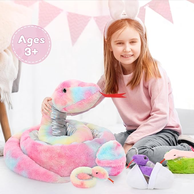 MaoGoLan 118 inch Giant Stuffed Snake Mommy with 4 Babies & 3 Eggs Inside, 8Pcs Rainbow Snake Stuffed Animal Bulk Large Boa Constrictor Plush for Boys Girls Kids Halloween Props Birthday Gifts