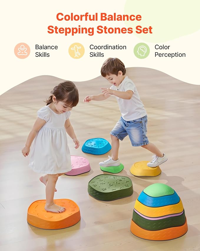 VEVOR Balance Stepping Stones for Kids, 6 PCS, Up to 220 lbs, Non-Slip Toddlers Sensory Stepping Stones, Obstacle Course Coordination Game Toys Indoor or Outdoor Play for Children Aged 3 4 5 6 7 8+