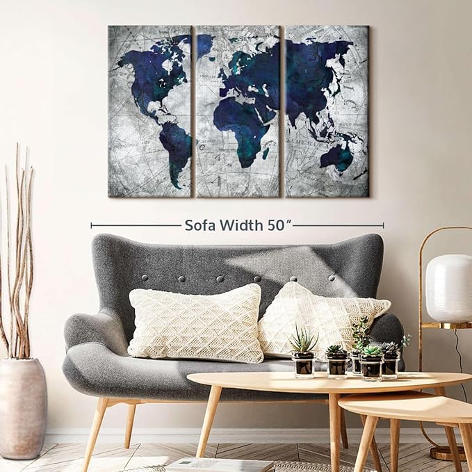 ElephantStock Deep Blue World Map Multi Piece Canvas - 3 Panel Wall Decor - Map of the World Art - Canvas for the Office and Home - 45" X 28"