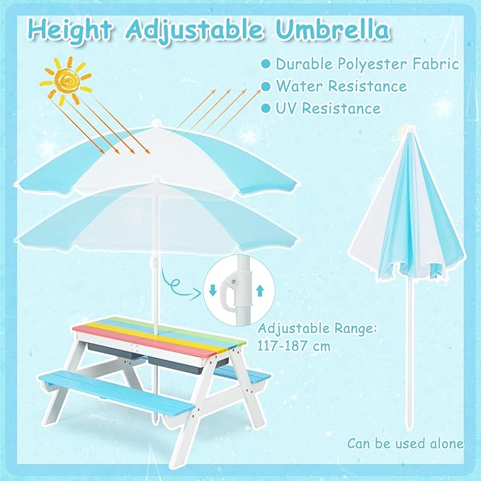Costzon Kids Picnic Table with Sensory Bins, 4 in 1 Sand and Water Table with Height Adjustable Umbrella, Removable Tabletop for Outdoor Backyard Patio Play