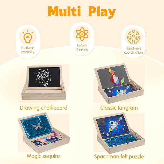 4-in-1 Wooden Sensory Toys with Storage Box, Activity Board for Children with Autism, Double Side Playing Board, Sensory Sequin Flip Panel, Educational Puzzles for Kids, Calm Down Corner