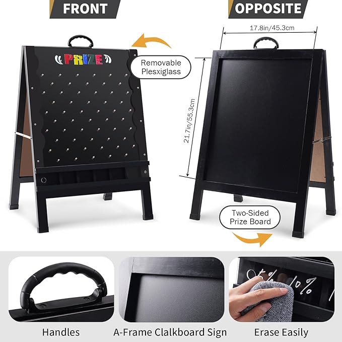 Prize Drop Game Board, 21"x30" Foldable Double-Sided Design with Wooden A-Frame Chalkboard Sign for Carnival, Trade Show, and Party - Includes Coin Drop Discs and Chalk Set, Upgraded Handle Design
